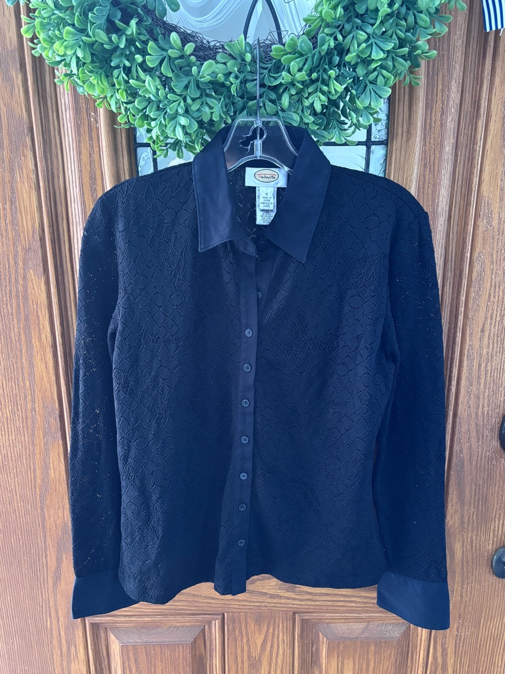 Talbots Black Lace Sheer Collared Button Front Long Sleeve Top Size Small